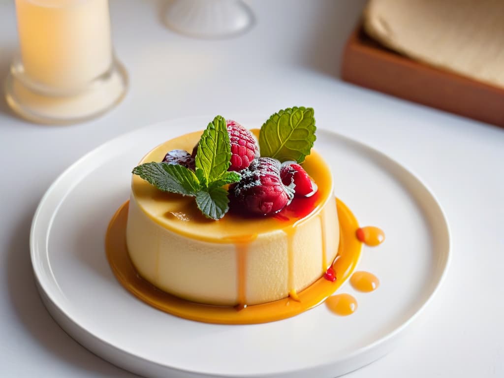  A minimalist image showcasing a perfectly goldenbrown flan de vainilla placed on a delicate white porcelain plate, topped with a single fresh raspberry and a mint leaf for garnish. The flan is set against a soft, blurred background that enhances its creamy texture and highlights its lowcalorie appeal. hyperrealistic, full body, detailed clothing, highly detailed, cinematic lighting, stunningly beautiful, intricate, sharp focus, f/1. 8, 85mm, (centered image composition), (professionally color graded), ((bright soft diffused light)), volumetric fog, trending on instagram, trending on tumblr, HDR 4K, 8K