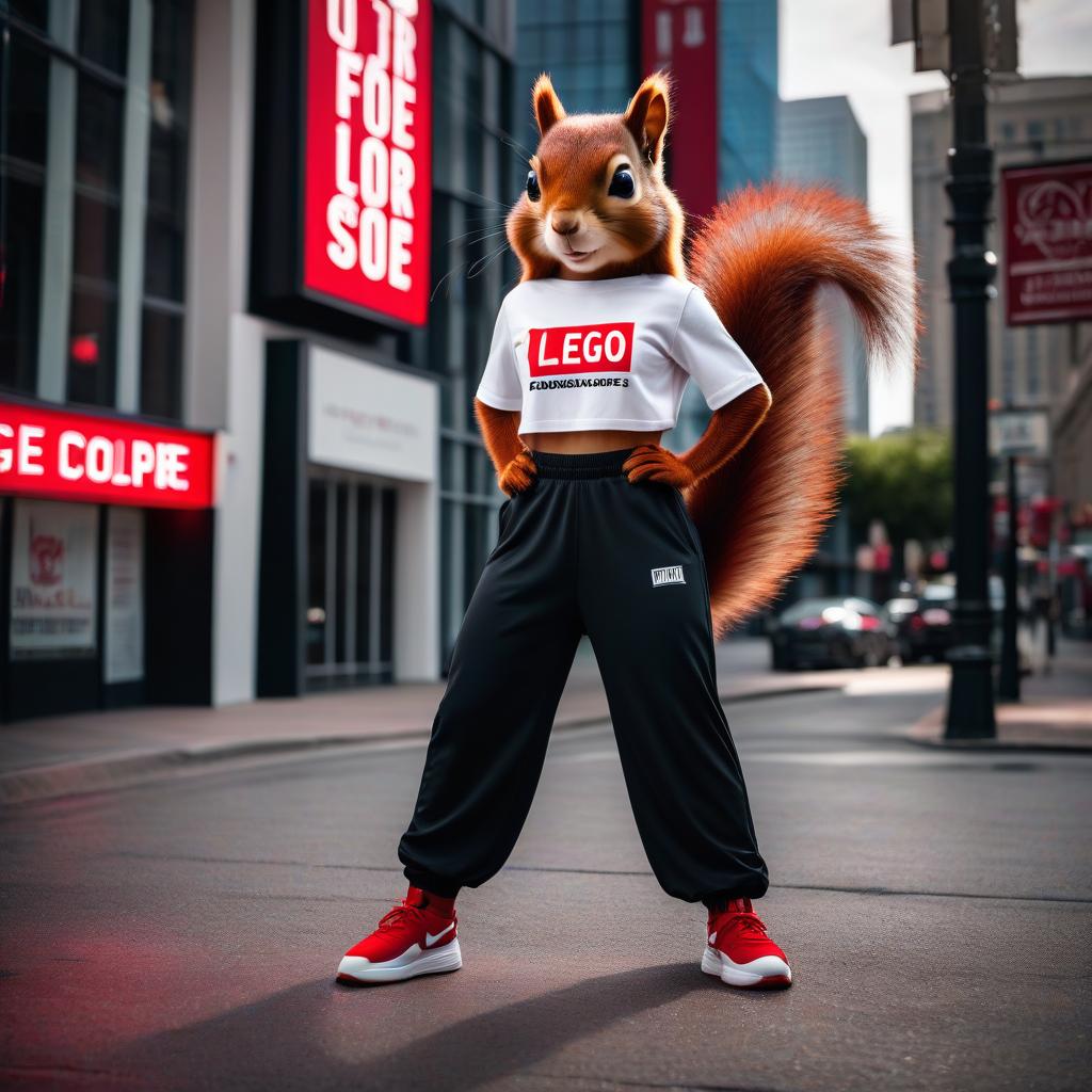  cinematic film still Dope squirrel dancer in black wide sports pants and a white top with the words LEGGO on it, against a red black white Dance Studio sign. . shallow depth of field, vignette, highly detailed, high budget, bokeh, cinemascope, moody, epic, gorgeous, film grain, grainy hyperrealistic, full body, detailed clothing, highly detailed, cinematic lighting, stunningly beautiful, intricate, sharp focus, f/1. 8, 85mm, (centered image composition), (professionally color graded), ((bright soft diffused light)), volumetric fog, trending on instagram, trending on tumblr, HDR 4K, 8K