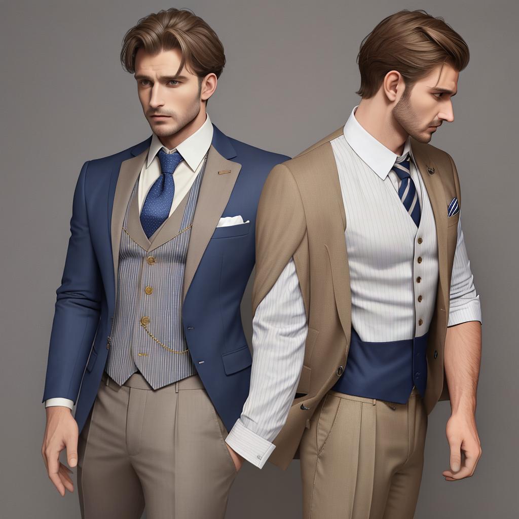  masterpiece, best quality,man wearing a navy blue blazer with a waistcoat that is beige with brown and white grid lines and heather grey pleated dress pants,