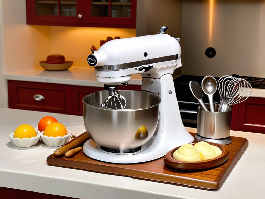  A photorealistic image of a sleek, organized kitchen countertop showcasing essential gourmet pastry tools such as a highquality stand mixer, a marble rolling pin, a set of precision measuring spoons, a pastry brush, and a selection of decorative piping tips. The tools are gleaming under the warm glow of soft lighting, with intricate details highlighting their craftsmanship and elegance, inspiring any gourmet baker to create delectable treats. hyperrealistic, full body, detailed clothing, highly detailed, cinematic lighting, stunningly beautiful, intricate, sharp focus, f/1. 8, 85mm, (centered image composition), (professionally color graded), ((bright soft diffused light)), volumetric fog, trending on instagram, trending on tumblr, HDR 4K, 8K