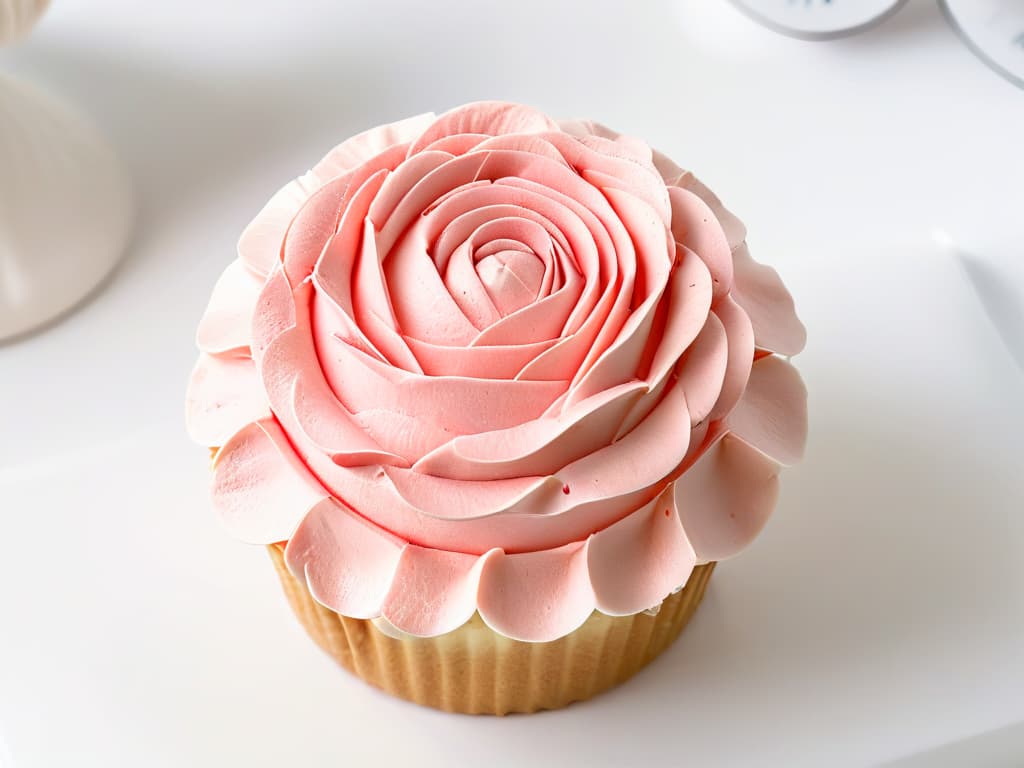  An ultradetailed, closeup image of a delicate rose cupcake, showcasing intricate layers of pink frosting petals meticulously piped to resemble a blooming rose, set against a clean, white background to emphasize the artistry and elegance of the floral dessert. hyperrealistic, full body, detailed clothing, highly detailed, cinematic lighting, stunningly beautiful, intricate, sharp focus, f/1. 8, 85mm, (centered image composition), (professionally color graded), ((bright soft diffused light)), volumetric fog, trending on instagram, trending on tumblr, HDR 4K, 8K