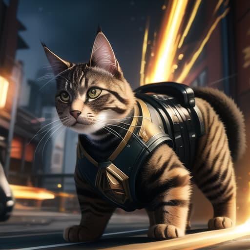  an anthropomorphic cat wearing black linen is depicted in an action pose, swirling fire with an arrow symbol in cat hand, floating above a street in a dark city alleyway, swirling magic effects and swirling energy waves surround cat, with a golden glow on cat face and body, looking at the camera, hyper detailed, movie still, ultrawide, ultra detailed, hyper focus, unreal engine, masterpiece, high rez, high quality, futuristic, exo skeleton, power armor, apex cat dominant universe, fight scars, cat had ear bitten by dog, war between cats and dogs, , (masterpiece, best quality:1.5), HDR 4K, 8K