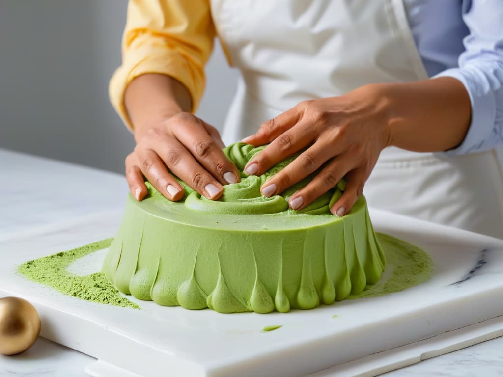  A closeup, highresolution image of a pair of hands kneading colorful dough on a sleek, white marble countertop. The hands belong to a diverse group of individuals, including someone wearing a hearing aid, showcasing inclusivity in baking. The focus is on the texture and vibrant colors of the dough, highlighting the beauty and artistry of pastry making for those with hearing impairments. hyperrealistic, full body, detailed clothing, highly detailed, cinematic lighting, stunningly beautiful, intricate, sharp focus, f/1. 8, 85mm, (centered image composition), (professionally color graded), ((bright soft diffused light)), volumetric fog, trending on instagram, trending on tumblr, HDR 4K, 8K