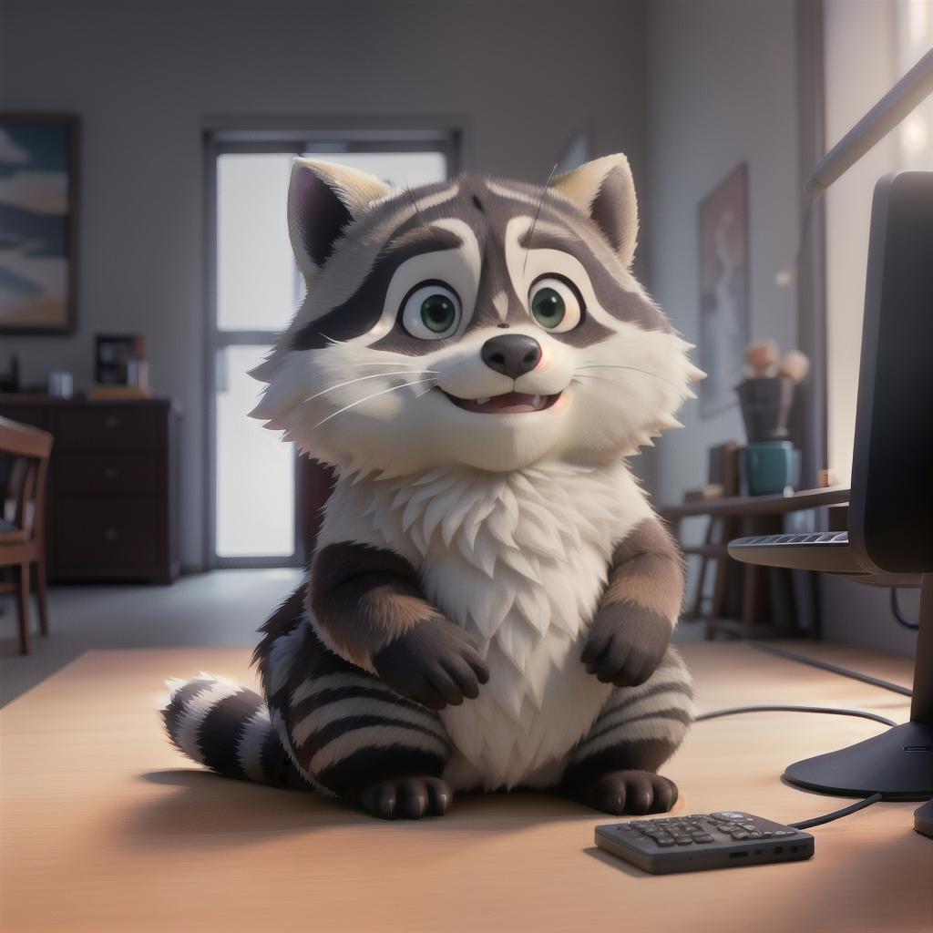  raccoon sitting in gaming chair front a computer on desktop, ((semi anthropomorphic)),(full body), tail, belly, sitting, fat, (chubby), (((white background))), solo, desktop, gaming chair, side view,  [[[clothes]]] hyperrealistic, full body, detailed clothing, highly detailed, cinematic lighting, stunningly beautiful, intricate, sharp focus, f/1. 8, 85mm, (centered image composition), (professionally color graded), ((bright soft diffused light)), volumetric fog, trending on instagram, trending on tumblr, HDR 4K, 8K