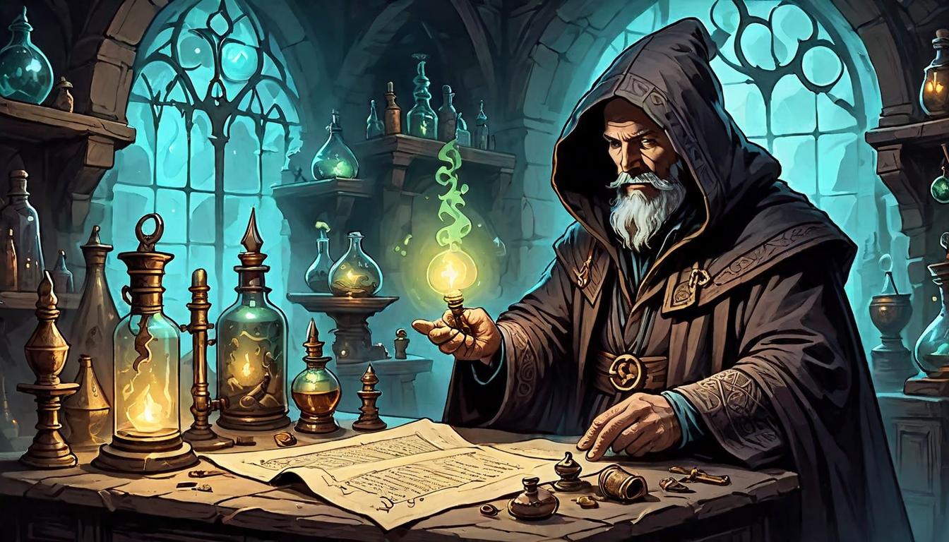  on parchment, surrealism+++, Alchemist's laboratory, cluttered with mystical artifacts, glowing potions and ancient tomes, figure in a hooded robe working meticulously, lesson, refinement, dedication(mysterious, provocative, symbolic,muted color)+++