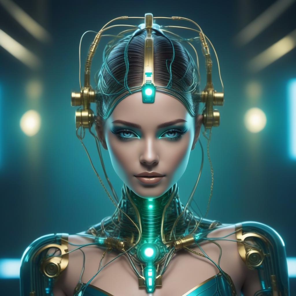  A beautiful metal girl robot of the future, the wires hang out of her head, with blue green gold glow.Style art