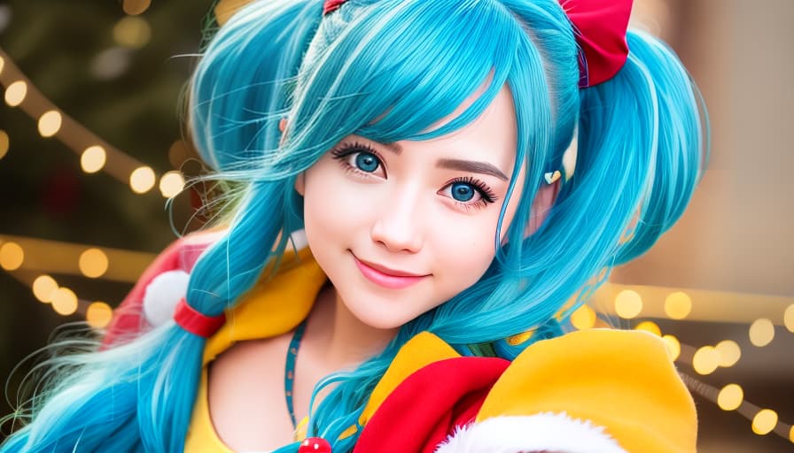  (8k, photorealistic, RAW photo, best quality: 1.4), (photorealistic:1.4), (realistic face), realistic eyes, (realistic skin), ((((masterpiece)))), best quality, very_high_resolution, ultra-detailed, in-frame, blue hair, long twin tails, Santa cosplay, smile, medium bust, high quality, Hatsune Miku, dance, cute, energetic, festive, youthful, cheerful, lovely, vibrant, animated, adorable, festive attire, playful