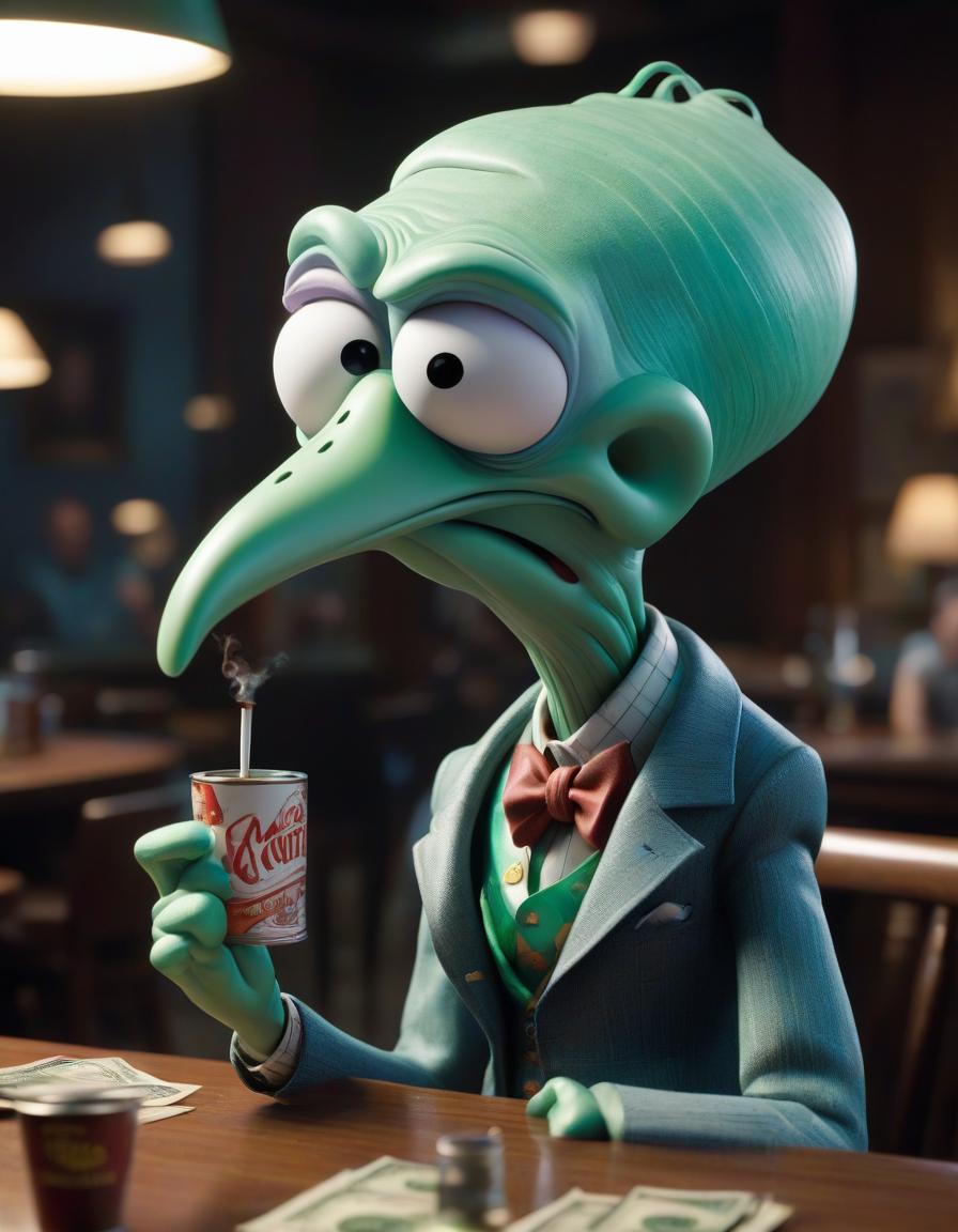  Oversized brush strokes, drips of paint, Squidward sits at a table like a person, in his hands a packet of money, and in his beak a cigarette, in the Pixar style. hyperrealistic, full body, detailed clothing, highly detailed, cinematic lighting, stunningly beautiful, intricate, sharp focus, f/1. 8, 85mm, (centered image composition), (professionally color graded), ((bright soft diffused light)), volumetric fog, trending on instagram, trending on tumblr, HDR 4K, 8K