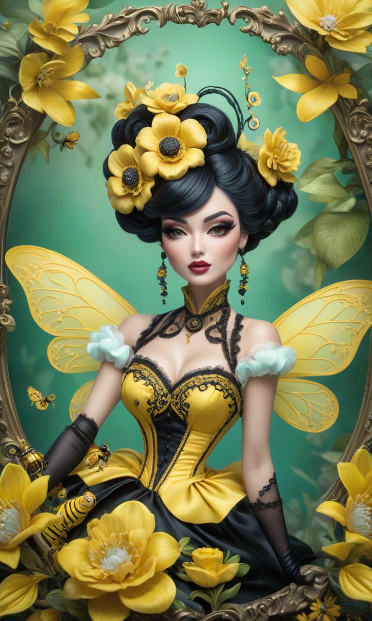  Digital Planar Image. Gorjuss doll with chibi elements. In cute carnival bee costume: black and yellow colors, wings. Charming, cute, optimistic. Background : light green, frame with expressive, bright floral decoration. Subtlety, elegance, neorococo curls. In the style of a Victorian postcard, inspired by the manner of the works of Susan Woolcott, Mab Graves, Tatiana Suarez. Hyper detailed, high quality. hyperrealistic, full body, detailed clothing, highly detailed, cinematic lighting, stunningly beautiful, intricate, sharp focus, f/1. 8, 85mm, (centered image composition), (professionally color graded), ((bright soft diffused light)), volumetric fog, trending on instagram, trending on tumblr, HDR 4K, 8K