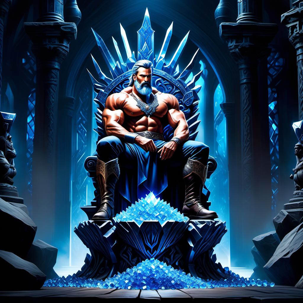  concept art Giant man blacksmith as a lord sits on a throne made of blue crystals, . digital artwork, illustrative, painterly, matte painting, highly detailed hyperrealistic, full body, detailed clothing, highly detailed, cinematic lighting, stunningly beautiful, intricate, sharp focus, f/1. 8, 85mm, (centered image composition), (professionally color graded), ((bright soft diffused light)), volumetric fog, trending on instagram, trending on tumblr, HDR 4K, 8K