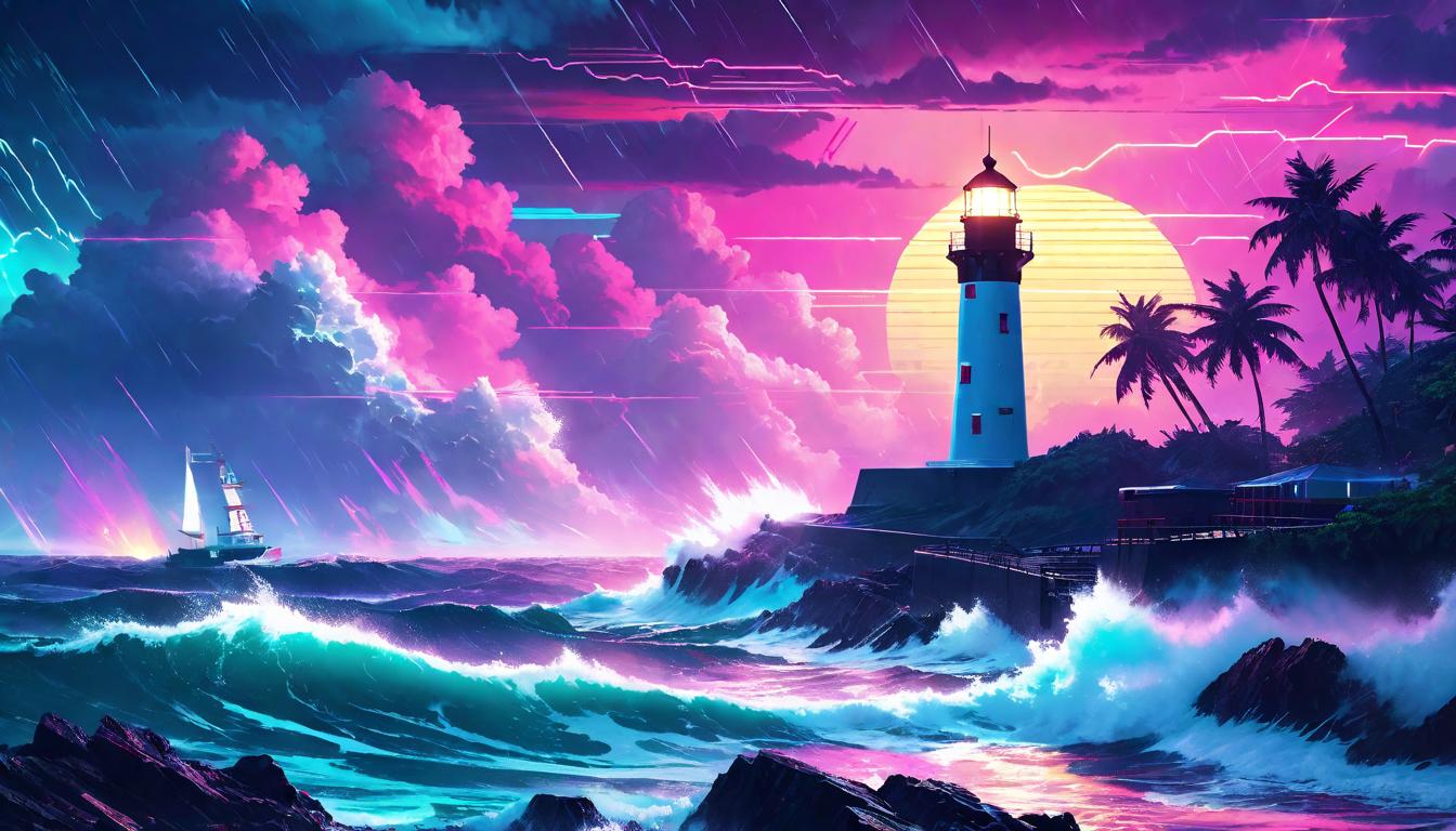  vaporwave,cyberpunk game style A lighthouse amidst a storm, waves crashing against the shore, Beacon of truth in tumultuous times, steadfast and alone, Dramatic, the solitary stand against adversity, A beacon in the dark, resilience personifiedeon, dystopian, futuristic, digital, vibrant, detailed, high contrast, reminiscent of cyberpunk genre video games,retro aesthetic, cyberpunk, vibrant, neon colors, vintage 80s and 90s style, highly detailed