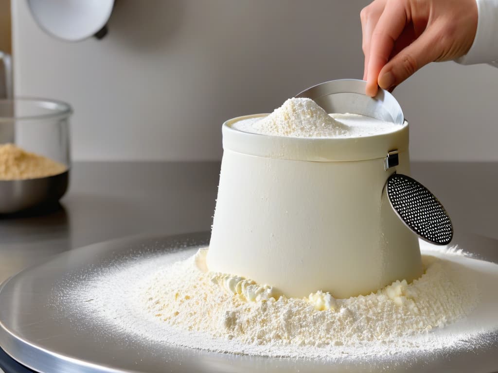  An ultradetailed closeup image of a fine mesh sifter filled with fluffy flour, gently being tapped by a skilled baker's hand, with a soft focus on the background showcasing a sleek, modern kitchen setting. The flour particles are suspended in the air, catching the light and creating a mesmerizing dance of white against a backdrop of stainless steel countertops and a hint of colorful baking ingredients neatly arranged in the corner. The precision and elegance of the baker's motion are frozen in time, conveying a sense of artistry and expertise in the delicate process of sifting ingredients for perfect baking results. hyperrealistic, full body, detailed clothing, highly detailed, cinematic lighting, stunningly beautiful, intricate, sharp focus, f/1. 8, 85mm, (centered image composition), (professionally color graded), ((bright soft diffused light)), volumetric fog, trending on instagram, trending on tumblr, HDR 4K, 8K