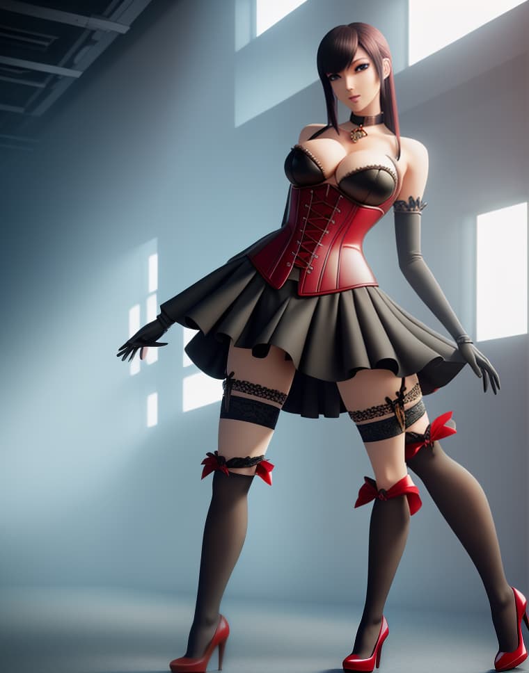 tall woman, anime style, black bangs hair, red corset,stockings, heels,full body, hyperrealistic, full body, detailed clothing, highly detailed, cinematic lighting, stunningly beautiful, intricate, sharp focus, f/1. 8, 85mm, (centered image composition), (professionally color graded), ((bright soft diffused light)), volumetric fog, trending on instagram, trending on tumblr, HDR 4K, 8K