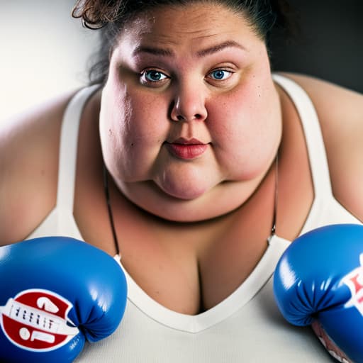 portrait+ style a fat woman, with boxing gloves, struggling against a scale