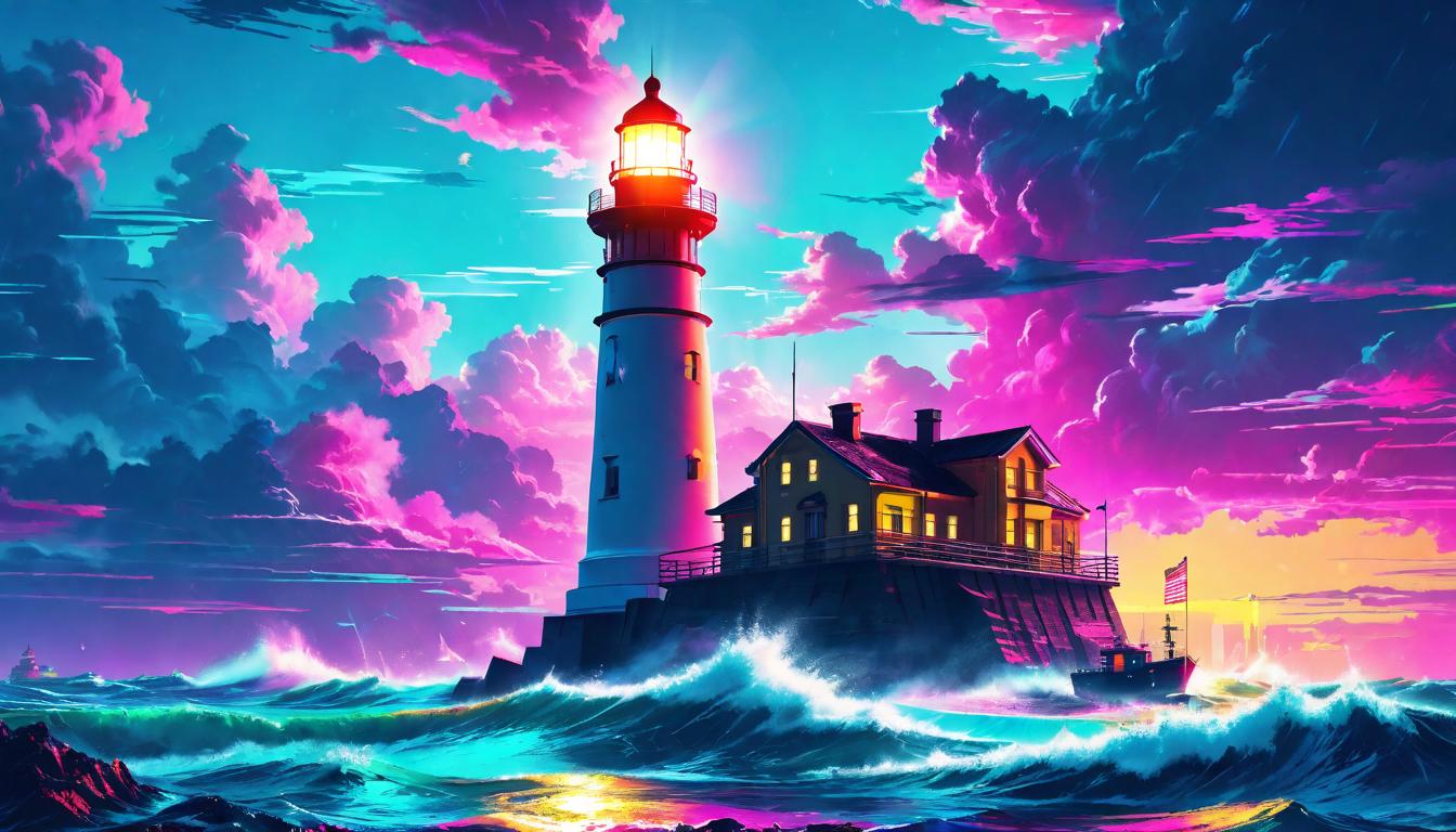  vaporwave,cyberpunk game style A lighthouse standing tall amidst turbulent seas, guiding light in the darkness, steadfast well being against the storm of needseon, dystopian, futuristic, digital, vibrant, detailed, high contrast, reminiscent of cyberpunk genre video games,retro aesthetic, cyberpunk, vibrant, neon colors, vintage 80s and 90s style, highly detailed