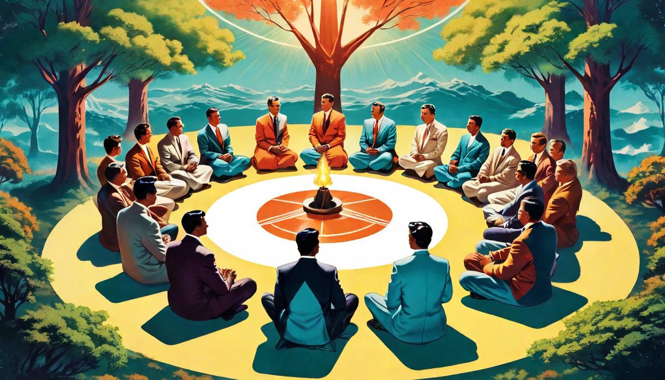  retro futuristic Community members sitting in a circle, hands joined, under a tree, fostering spiritual growth, communal harmony, nurturing lvintage sci fi, 50s and 60s style, atomic age, vibrant, highly detailed