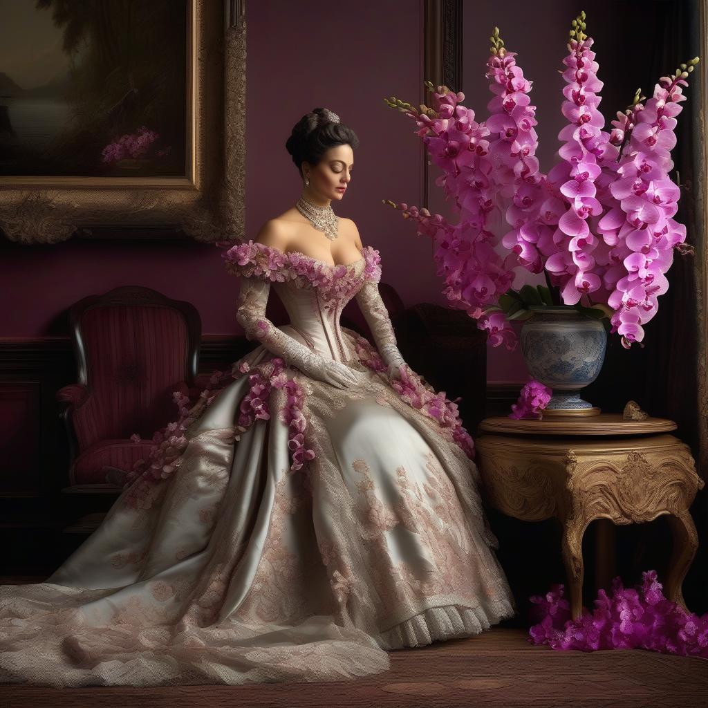  Victorian beauty in sorrow, beautiful dress with a bouquet of orchids, 1870s, bouquet on the table, orchids, dress made of rosy orchids. hyperrealistic, full body, detailed clothing, highly detailed, cinematic lighting, stunningly beautiful, intricate, sharp focus, f/1. 8, 85mm, (centered image composition), (professionally color graded), ((bright soft diffused light)), volumetric fog, trending on instagram, trending on tumblr, HDR 4K, 8K