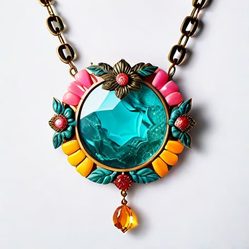  Subject Detail: The image depicts a chain necklace with summer-colored parts. The necklace has an ornate pendant, machined by CNC, Medium: This artwork is highly detailed and photorealistic. Art Style: The art style is a blend of Irregular Choice, Buffalo London and Osamu Tezuka hyperrealistic, full body, detailed clothing, highly detailed, cinematic lighting, stunningly beautiful, intricate, sharp focus, f/1. 8, 85mm, (centered image composition), (professionally color graded), ((bright soft diffused light)), volumetric fog, trending on instagram, trending on tumblr, HDR 4K, 8K