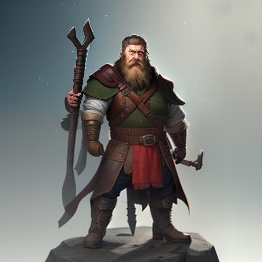  Dwarf (he looks tired and old, but well for his age, on his back there is a small backpack with an inscribed beer mug, a green cloak, his beard is as red as fire, under the hood his hair is tucked back, on his belt he had a hammer and a small knife, there was almost no armor except for a leather breastplate and steel gloves, on his feet he wore leather pants and warm boots.), Overland fantasy woodland map, such as a map, a font that is modern and easy to read hyperrealistic, full body, detailed clothing, highly detailed, cinematic lighting, stunningly beautiful, intricate, sharp focus, f/1. 8, 85mm, (centered image composition), (professionally color graded), ((bright soft diffused light)), volumetric fog, trending on instagram, trending on tumblr, HDR 4K, 8K