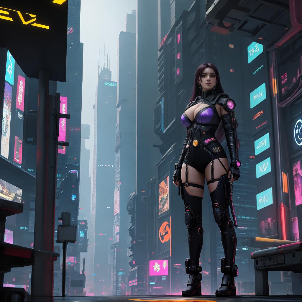  in a cyberpunk setting, cyberpunk space travel woman, dressed regal and appropriate, gigantic bra.