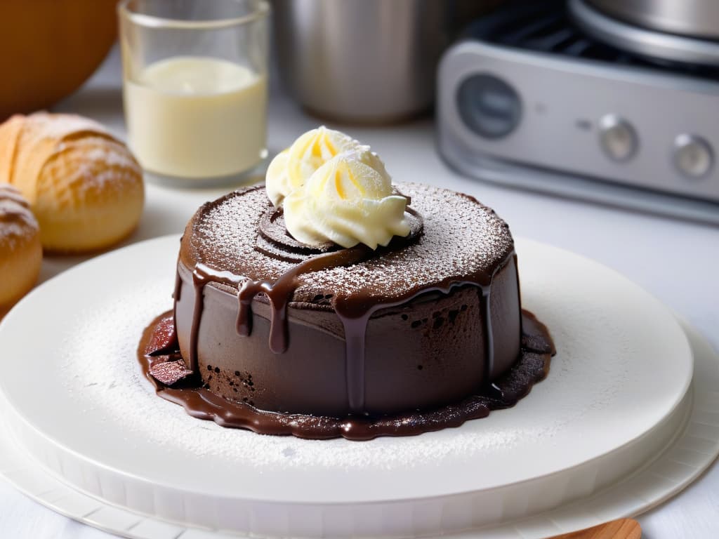  A photorealistic image of a rich, decadent chocolate lava cake freshly baked and oozing warm, velvety chocolate from the center. The cake is topped with a dusting of powdered sugar and a scoop of vanilla ice cream melting slightly on the side. The background showcases a professional kitchen setting with gleaming stainless steel appliances and a hint of steam rising from the dessert, evoking a sense of indulgence and expert culinary craftsmanship. hyperrealistic, full body, detailed clothing, highly detailed, cinematic lighting, stunningly beautiful, intricate, sharp focus, f/1. 8, 85mm, (centered image composition), (professionally color graded), ((bright soft diffused light)), volumetric fog, trending on instagram, trending on tumblr, HDR 4K, 8K