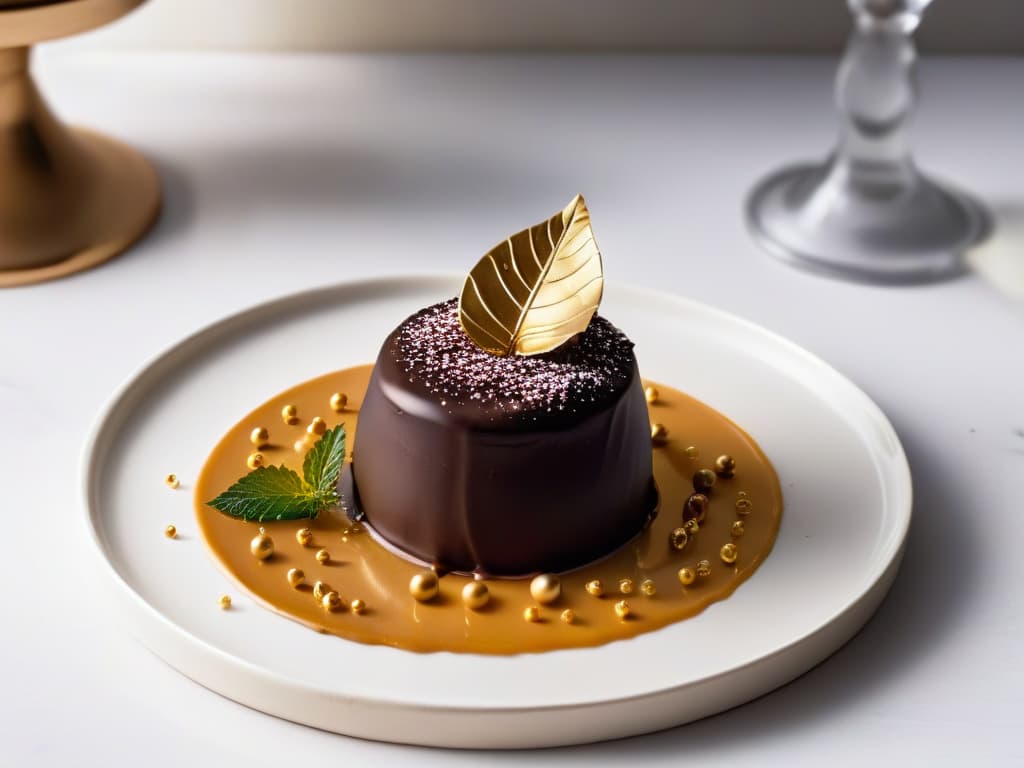  A closeup, ultradetailed image of a delicate, handcrafted chocolate truffle, adorned with intricate gold leaf details and placed on a sleek, modernist plate. The truffle gleams under a soft, warm light, highlighting its glossy surface and capturing the richness of its cocoa content. The background is blurred, emphasizing the elegant simplicity of the dessert and inviting the viewer to savor its luxurious texture and flavor. hyperrealistic, full body, detailed clothing, highly detailed, cinematic lighting, stunningly beautiful, intricate, sharp focus, f/1. 8, 85mm, (centered image composition), (professionally color graded), ((bright soft diffused light)), volumetric fog, trending on instagram, trending on tumblr, HDR 4K, 8K