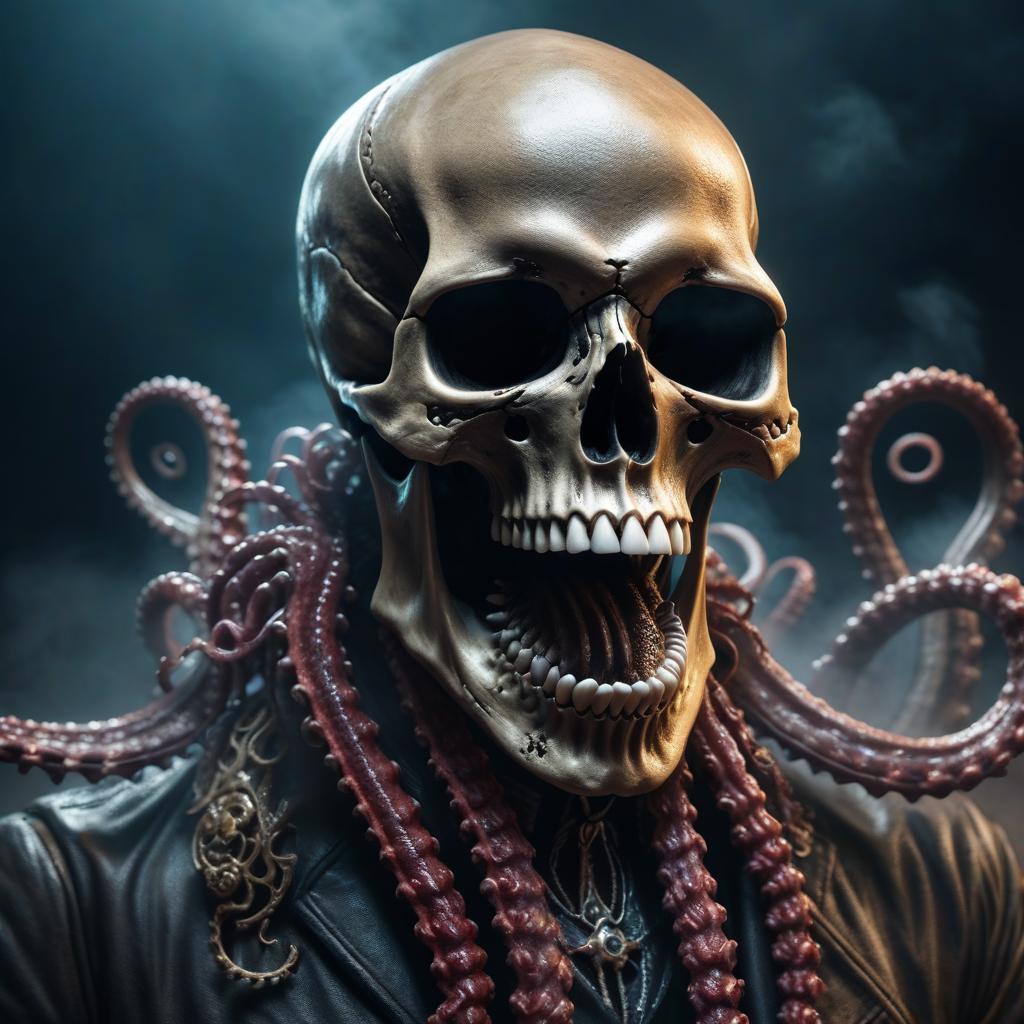  screaming skull with tentacles hyperrealistic, full body, detailed clothing, highly detailed, cinematic lighting, stunningly beautiful, intricate, sharp focus, f/1. 8, 85mm, (centered image composition), (professionally color graded), ((bright soft diffused light)), volumetric fog, trending on instagram, trending on tumblr, HDR 4K, 8K