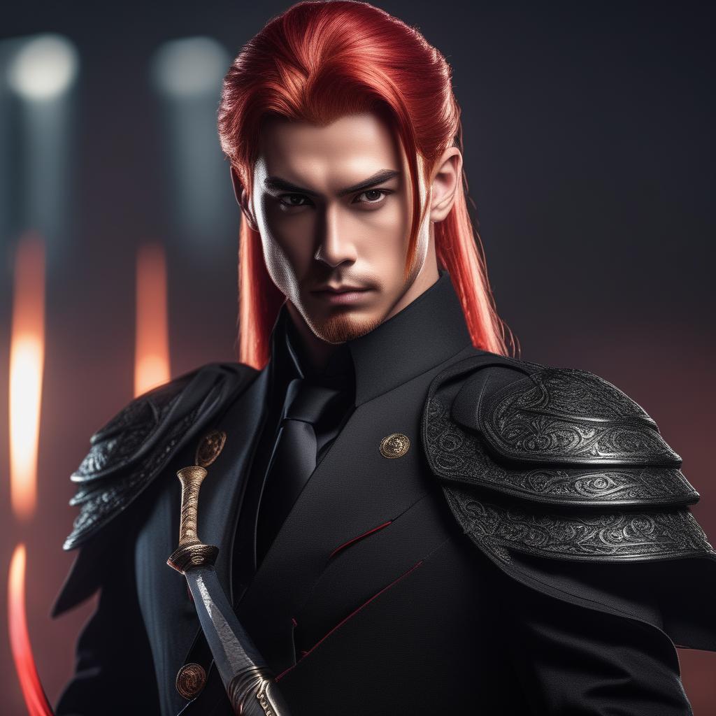  "serious guy in a black suit, fantasy, with a sword, red hair, ponytail up, magic, anime style" hyperrealistic, full body, detailed clothing, highly detailed, cinematic lighting, stunningly beautiful, intricate, sharp focus, f/1. 8, 85mm, (centered image composition), (professionally color graded), ((bright soft diffused light)), volumetric fog, trending on instagram, trending on tumblr, HDR 4K, 8K