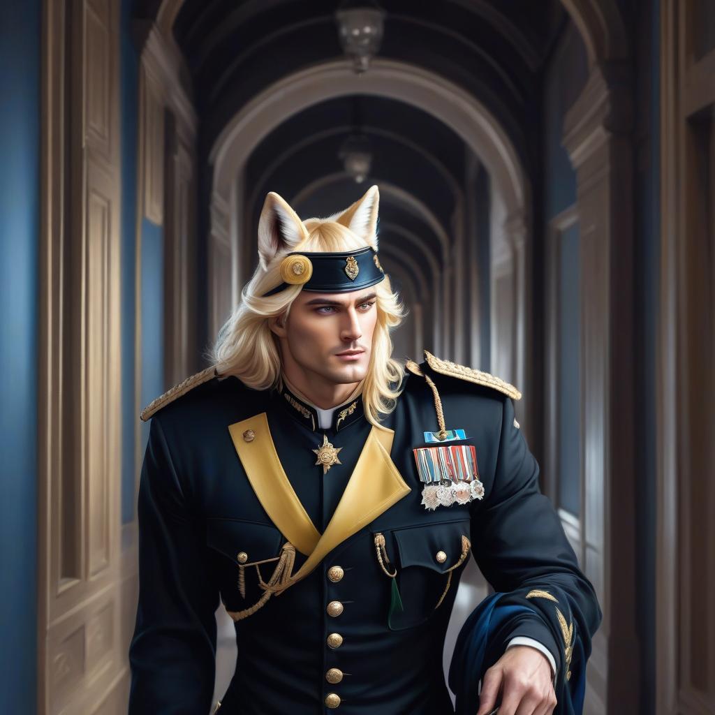  Realistically, a handsome man a blonde, The man has fox ears, long hair, the man has yellow eyes, and he walks down a corridor in a black military uniform, sharp focus, bright piercing eyes, well drawn details, bright lively eyes, a beautiful portrait illustration, a portrait in the style of fantasy, blue and white highlights, bright colors, bright eyes, fantastic art, intricate design, highly detailed, sharp focus, 8k, high resolution, elegant hyperrealistic, full body, detailed clothing, highly detailed, cinematic lighting, stunningly beautiful, intricate, sharp focus, f/1. 8, 85mm, (centered image composition), (professionally color graded), ((bright soft diffused light)), volumetric fog, trending on instagram, trending on tumblr, HDR 4K, 8K