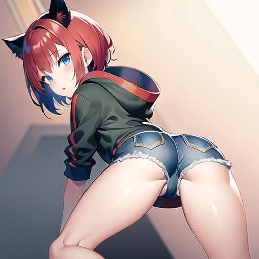  master piece , best quality,Girl Short hair Red hair Blue eyes Black hoodie Denim shorts Black cat ears