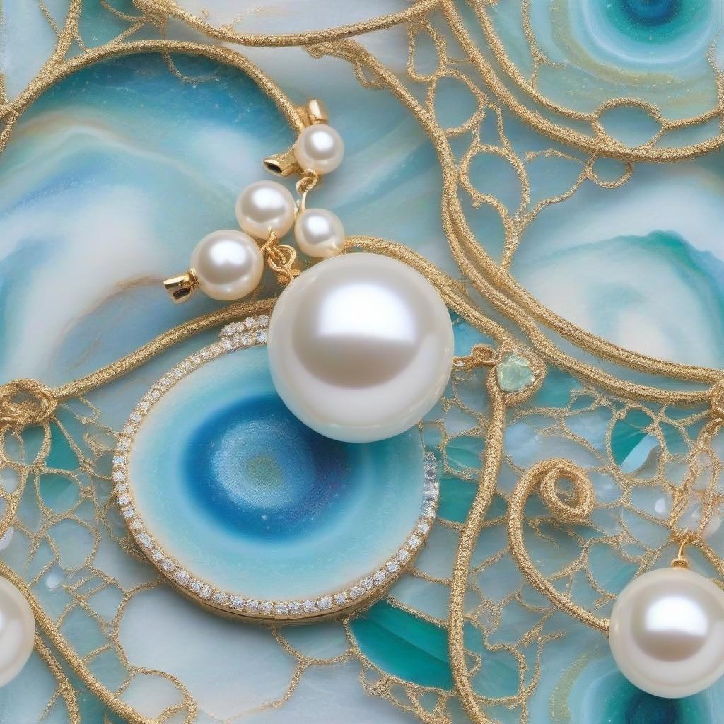  Three pearl threads dance in the air, in a white blue radiance, against the background of cosmic galaxies, in white gold green blue.Style expressionism