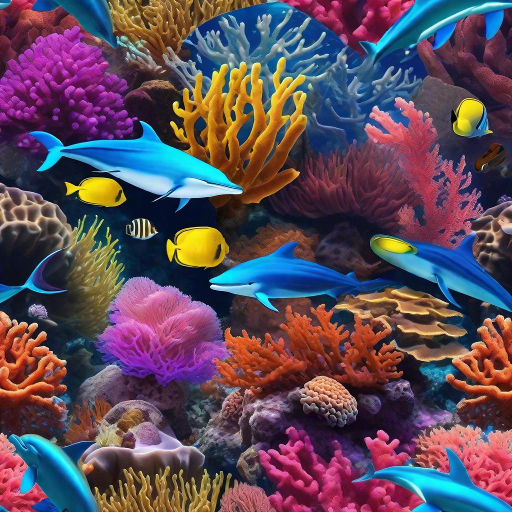  masterpiece, best quality, Most Beautiful in deep sea teeming with vibrant corals, diverse marine life, and enchanting underwater landscapes, full of corals, acrophore, small fishes, anemones, dolphin, various algaes, caves, colorful,all captured in stunning 8k resolution with intricate details.