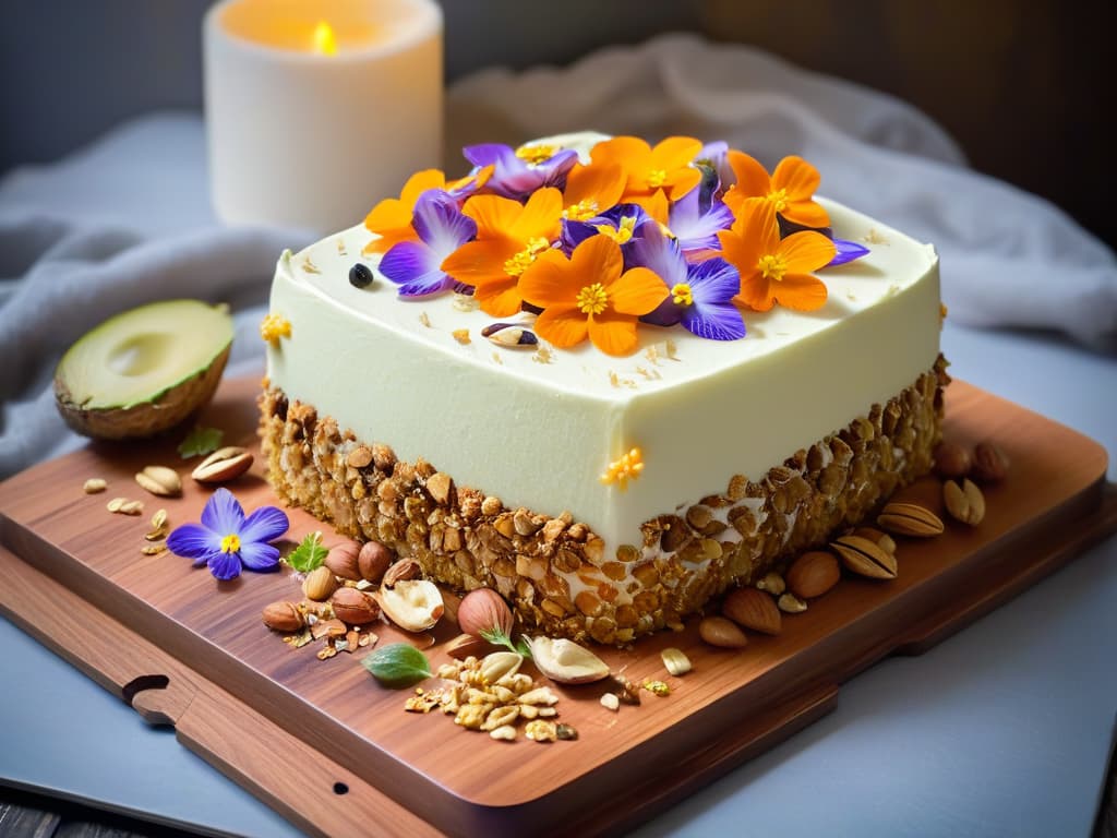  An ultradetailed 8k image of an elegantly frosted vegan organic carrot cake, topped with edible flowers and crushed nuts, displayed on a rustic wooden platter with soft natural lighting accentuating the intricate textures and vibrant colors of the dessert. hyperrealistic, full body, detailed clothing, highly detailed, cinematic lighting, stunningly beautiful, intricate, sharp focus, f/1. 8, 85mm, (centered image composition), (professionally color graded), ((bright soft diffused light)), volumetric fog, trending on instagram, trending on tumblr, HDR 4K, 8K