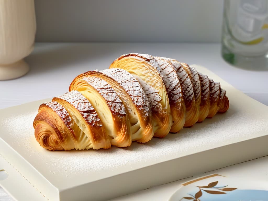  A closeup, ultradetailed image of a perfectly golden and flaky glutenfree croissant on a sleek, modern plate. The croissant is delicately dusted with powdered sugar, showcasing its light and airy layers. The background is a soft focus, highlighting the buttery texture of the pastry, and the lighting captures every intricate fold and crevice of the croissant, emphasizing its artisanal quality. hyperrealistic, full body, detailed clothing, highly detailed, cinematic lighting, stunningly beautiful, intricate, sharp focus, f/1. 8, 85mm, (centered image composition), (professionally color graded), ((bright soft diffused light)), volumetric fog, trending on instagram, trending on tumblr, HDR 4K, 8K