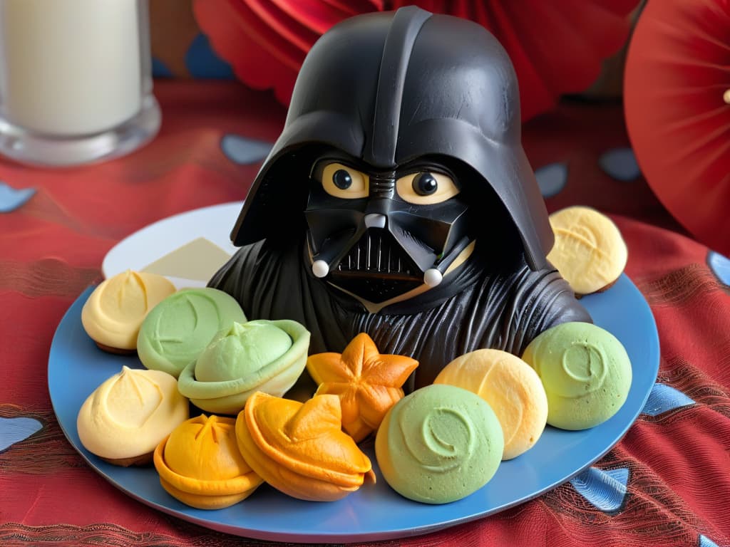  A closeup, ultradetailed image of a batch of fortune cookies designed to resemble iconic Star Wars characters like Darth Vader, Yoda, and Princess Leia. Each cookie is delicately crafted with intricate details and vibrant colors, showcasing the fusion of traditional fortune cookies with a galactic twist. The background features subtle nods to the Star Wars universe, such as starry skies and faint silhouettes of spacecraft. The image captures the essence of creativity and whimsy, appealing to both Star Wars fans and food enthusiasts alike. hyperrealistic, full body, detailed clothing, highly detailed, cinematic lighting, stunningly beautiful, intricate, sharp focus, f/1. 8, 85mm, (centered image composition), (professionally color graded), ((bright soft diffused light)), volumetric fog, trending on instagram, trending on tumblr, HDR 4K, 8K