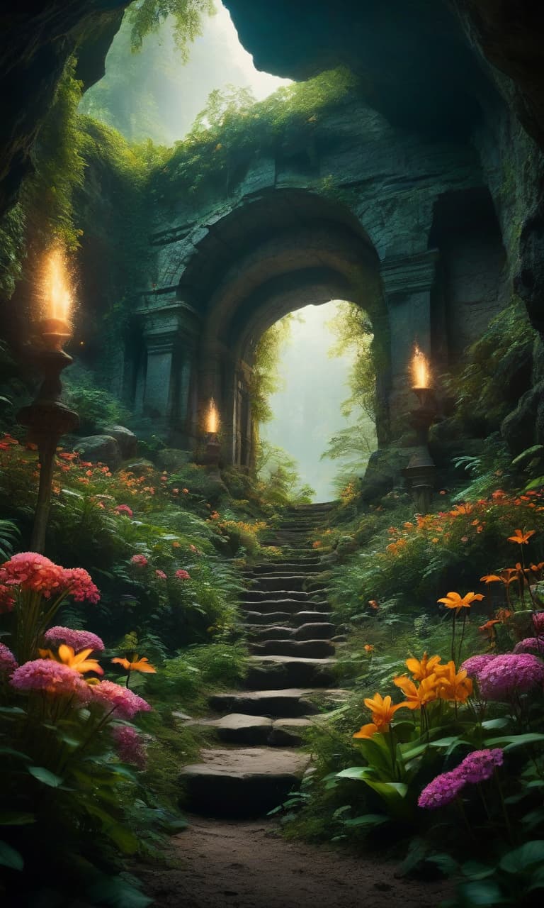  cinematic film still Mystical forest, entrance to a cave with ruins of ancient buildings, geometric shapes, fireflies, luxurious, magic. mysterious flowers, textured surfaces, bold colors, elegant, decorative, symmetrical, ornate, detailed elaborate Masterpiece . shallow depth of field, vignette, highly detailed, high budget, bokeh, cinemascope, moody, epic, gorgeous, film grain, grainy hyperrealistic, full body, detailed clothing, highly detailed, cinematic lighting, stunningly beautiful, intricate, sharp focus, f/1. 8, 85mm, (centered image composition), (professionally color graded), ((bright soft diffused light)), volumetric fog, trending on instagram, trending on tumblr, HDR 4K, 8K