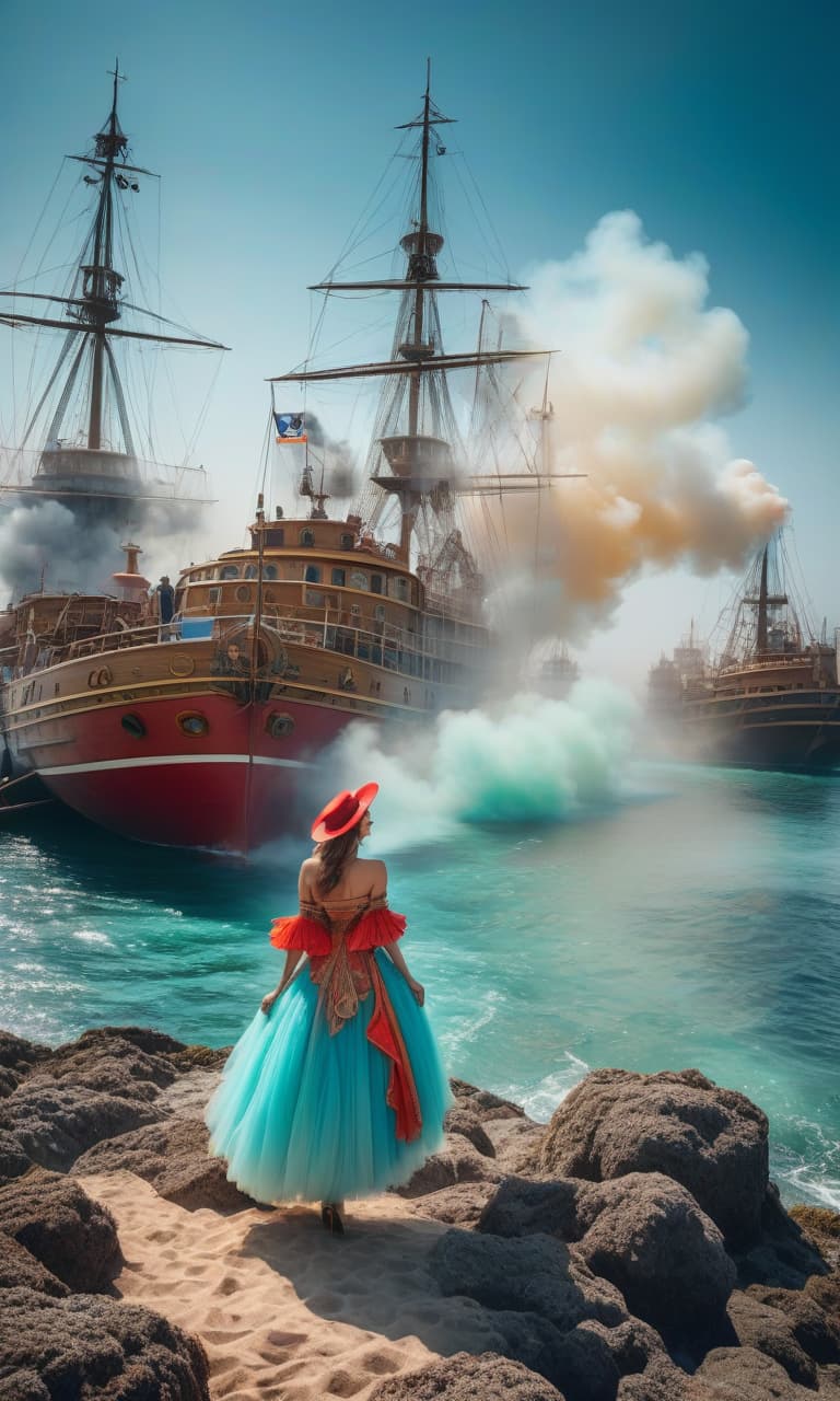  nautical themed Surprising abstract fairy tale scene of the world, bright colors mixed with reality and the mundane. Multi colored smoke. . sea, ocean, ships, maritime, beach, marine life, highly detailed hyperrealistic, full body, detailed clothing, highly detailed, cinematic lighting, stunningly beautiful, intricate, sharp focus, f/1. 8, 85mm, (centered image composition), (professionally color graded), ((bright soft diffused light)), volumetric fog, trending on instagram, trending on tumblr, HDR 4K, 8K