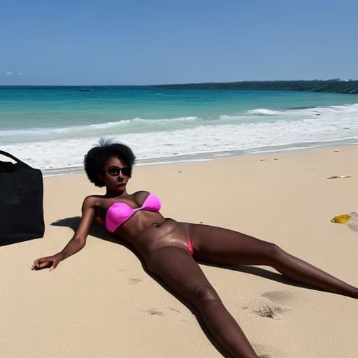  A black petite woman laid out on a beach with a Range Rover sport in the background