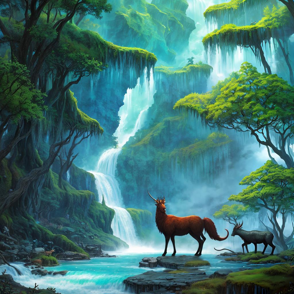  in a fantasy setting, Paint a surreal landscape where mythical beasts roam amidst cascading waterfalls.