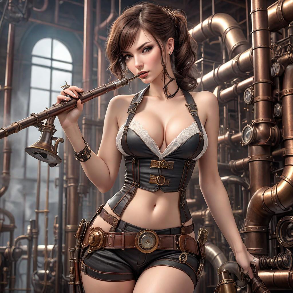  steampunk style, young woman, long pipes, bent over, tilted pose, face detailing, seductively looks at the viewer, cheeky bitch with lustful facial expression, bright brunette hair, shows bare, realistic skin, in shorts, belts, suspenders,  steampunk factory,  steam mechanisms, best quality, masterpiece, intricate details, hdr, (depth of field:1.3), hyperdetailed, (muted colors, smoothing tones:1.3), the style of the image is realistic and was shot on a professional canon eos 5d mark iv camera. each subject is highly detailed and sharp, providing uhd quality with 4k level detail., cute, hyper detail, full HD hyperrealistic, full body, detailed clothing, highly detailed, cinematic lighting, stunningly beautiful, intricate, sharp focus, f/1. 8, 85mm, (centered image composition), (professionally color graded), ((bright soft diffused light)), volumetric fog, trending on instagram, trending on tumblr, HDR 4K, 8K