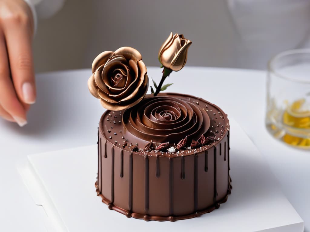  A closeup, ultradetailed image of a pair of expert hands meticulously sculpting a delicate chocolate rose, showcasing the intricate details and skill involved in creating chocolate figures. The hands are adorned with elegant, minimalistic jewelry, adding a touch of sophistication to the scene. The background is softly blurred, emphasizing the precision and artistry of the chocolatier's craft. hyperrealistic, full body, detailed clothing, highly detailed, cinematic lighting, stunningly beautiful, intricate, sharp focus, f/1. 8, 85mm, (centered image composition), (professionally color graded), ((bright soft diffused light)), volumetric fog, trending on instagram, trending on tumblr, HDR 4K, 8K