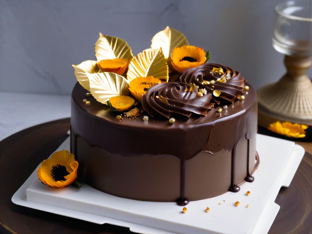  A closeup, ultradetailed image of a glossy, perfectly sculpted vegan chocolate ganache cake, adorned with delicate edible gold leaf accents, on a sleek white marble cake stand. The cake is flawlessly frosted with smooth, rich chocolate ganache, exuding a luxurious and indulgent aura. Every intricate detail of the cake, from the shimmering gold leaf to the velvety texture of the ganache, is vividly captured in this highresolution image, showcasing the epitome of vegan fine pastry craftsmanship. hyperrealistic, full body, detailed clothing, highly detailed, cinematic lighting, stunningly beautiful, intricate, sharp focus, f/1. 8, 85mm, (centered image composition), (professionally color graded), ((bright soft diffused light)), volumetric fog, trending on instagram, trending on tumblr, HDR 4K, 8K