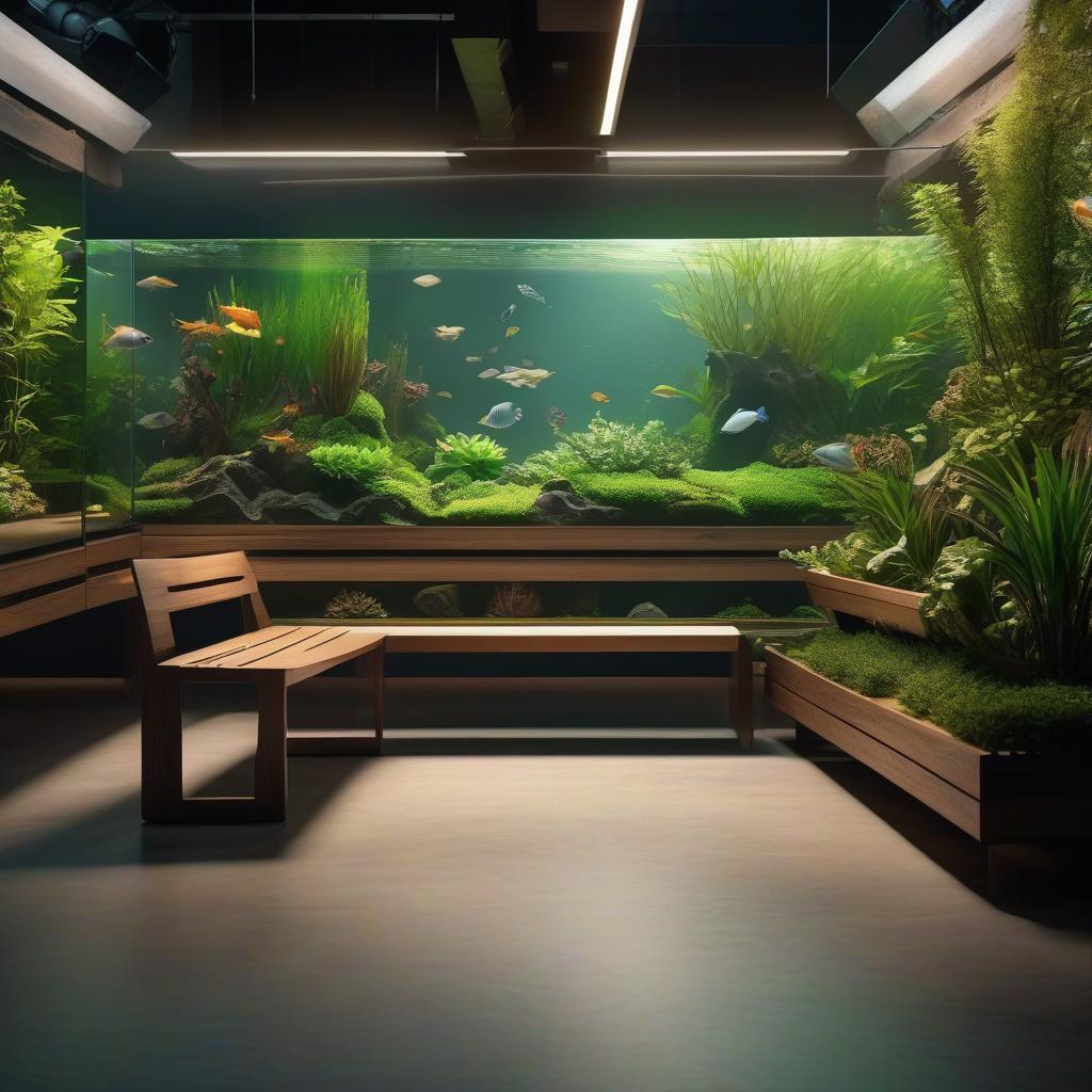  A wooden bench with a backrest, make a modern design, at both ends are two shelves where aquariums are located with plants inside. hyperrealistic, full body, detailed clothing, highly detailed, cinematic lighting, stunningly beautiful, intricate, sharp focus, f/1. 8, 85mm, (centered image composition), (professionally color graded), ((bright soft diffused light)), volumetric fog, trending on instagram, trending on tumblr, HDR 4K, 8K