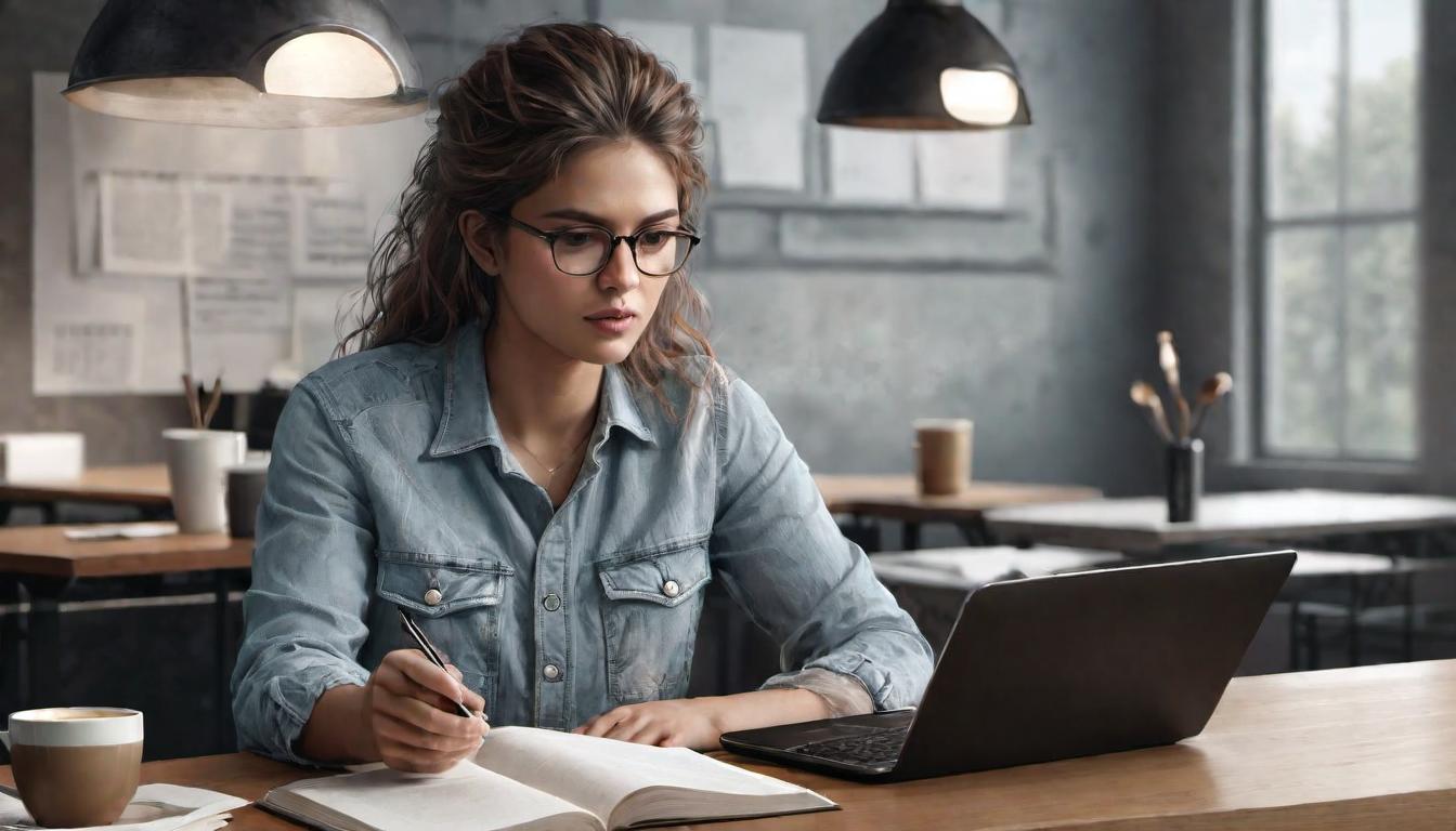  digital illustration, 1woman, sitting at a blank page, coffee cup nearby, disheveled hair, furrowed brows, background of a study with dim light, mood of stress, discontent, creative block, looking at viewer, dynamic pose, (intricate details, masterpiece, best quality)