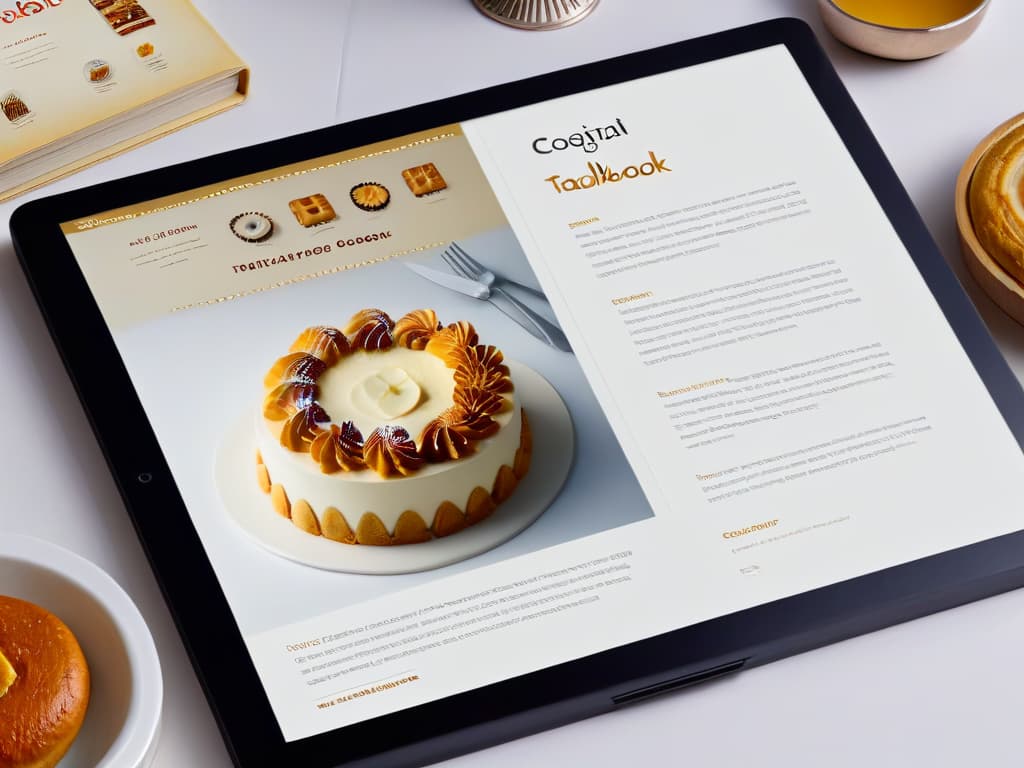  A highly detailed image of a sleek, modern tablet displaying a beautifully designed digital cookbook cover featuring intricate pastry illustrations, set against a soft, blurred background to emphasize the elegance and sophistication of transitioning from a traditional recipe book to a digital format. hyperrealistic, full body, detailed clothing, highly detailed, cinematic lighting, stunningly beautiful, intricate, sharp focus, f/1. 8, 85mm, (centered image composition), (professionally color graded), ((bright soft diffused light)), volumetric fog, trending on instagram, trending on tumblr, HDR 4K, 8K