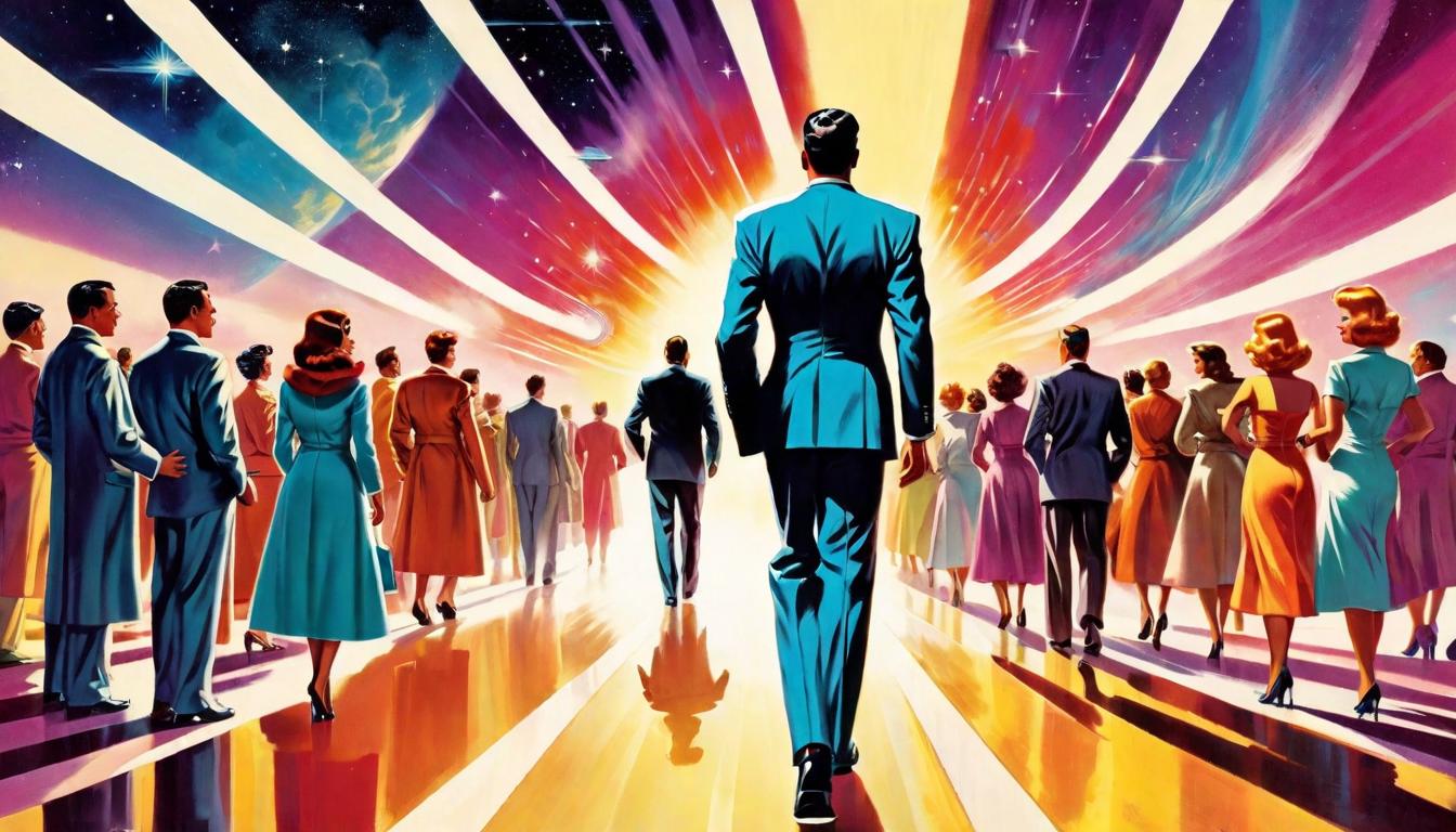  retro futuristic A figure standing at the forefront, back turned, leading a group of diverse individuals, all moving towards a radiant horizon, depicts guidance and transformation, layers of influence, dynamic, leadership lvintage sci fi, 50s and 60s style, atomic age, vibrant, highly detailed