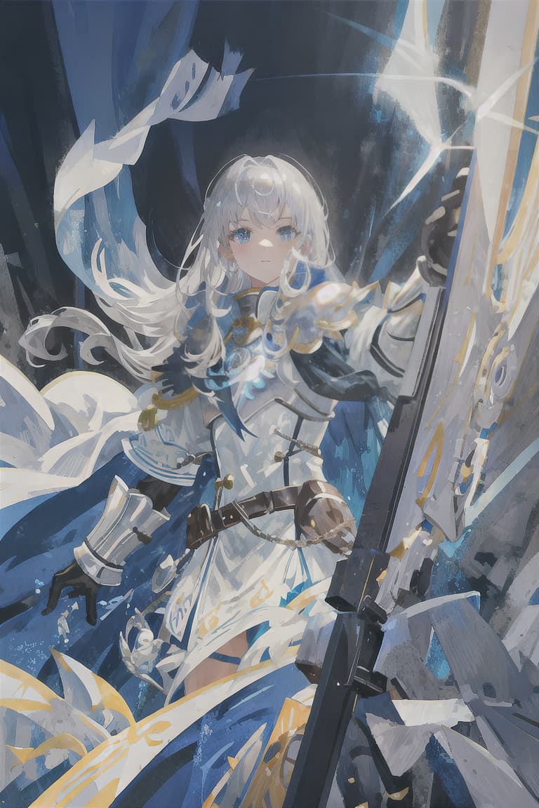  master piece , best quality,Silver hair, long hair, male, knight, blue lightning, white armor, bright light blue cape