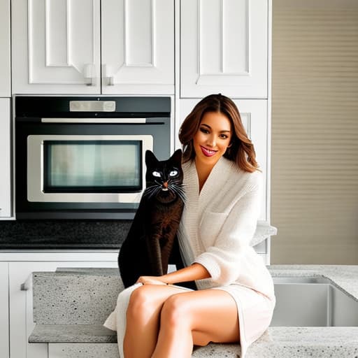 portrait+ style A beautiful girl goes to the oven with her cat friend hyperrealistic, full body, detailed clothing, highly detailed, cinematic lighting, stunningly beautiful, intricate, sharp focus, f/1. 8, 85mm, (centered image composition), (professionally color graded), ((bright soft diffused light)), volumetric fog, trending on instagram, trending on tumblr, HDR 4K, 8K