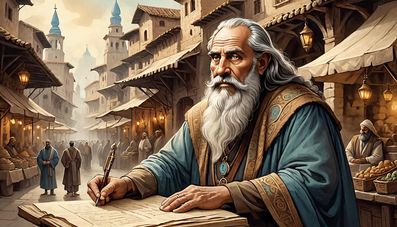  on parchment, surrealism+++, a wise sage overlooking a bustling ancient market, detailed facial features, piercing eyes, aura of wisdom, understanding of people and the world, calm demeanor(mysterious, provocative, symbolic,muted color)+++