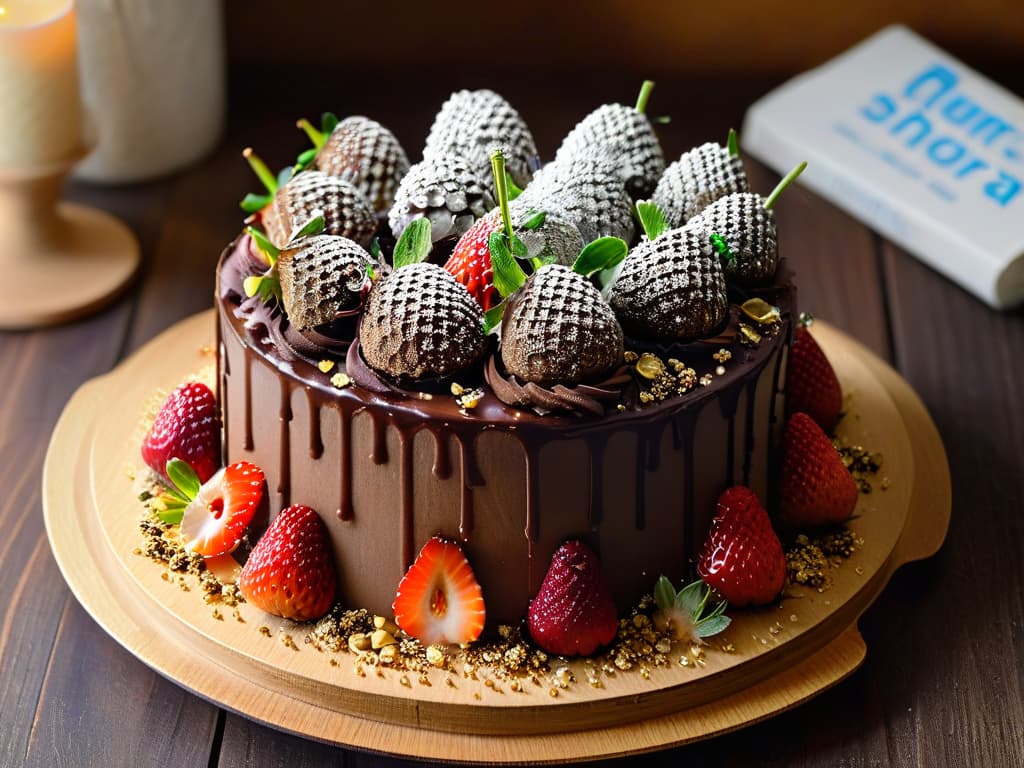  An ultradetailed photorealistic image of a decadent chocolate cake topped with vibrant, fresh strawberries, crunchy toasted quinoa, and golden amaranth seeds. The cake is set on a rustic wooden table, surrounded by scattered superfood ingredients like chia seeds, cacao nibs, and coconut flakes. The rich chocolate ganache drips enticingly down the sides of the cake, with a backdrop of lush greenery and colorful edible flowers adding a pop of natural beauty to the scene. hyperrealistic, full body, detailed clothing, highly detailed, cinematic lighting, stunningly beautiful, intricate, sharp focus, f/1. 8, 85mm, (centered image composition), (professionally color graded), ((bright soft diffused light)), volumetric fog, trending on instagram, trending on tumblr, HDR 4K, 8K